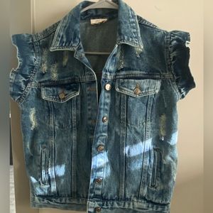 Distressed denim shirt vest with ruffle sleeves